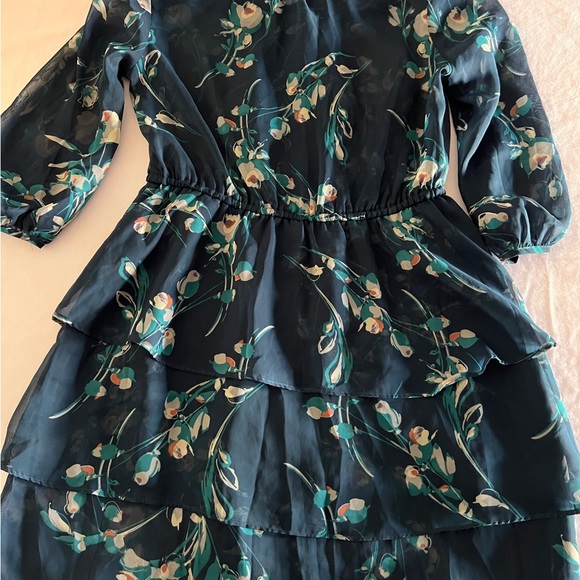 Lauren Conrad Women's Dark Green Floral Midi Dress Size 2 Small Chiffon Fall 3/4 - Picture 4 of 11
